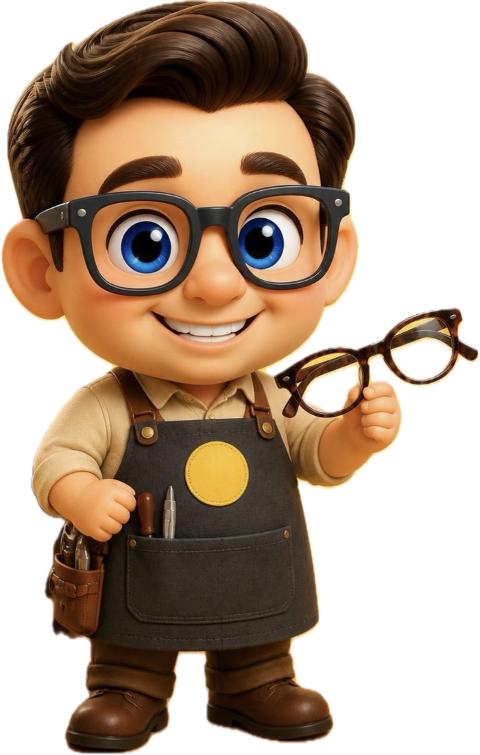 Mascote da Ótica Barcelona: um artesão sorridente de óculos, avental cinza e ferramentas no bolso, segurando uma armação